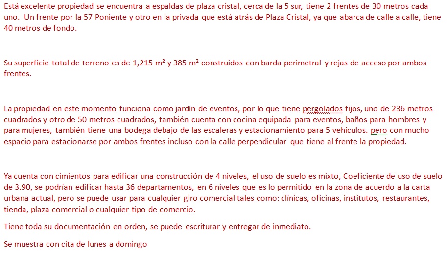 La propiedad en este momento funciona como jardín de eventos, por lo que tiene pergolados fijos, uno de 236 metros cuadrados y otro de 50 metros cuadrados, también cuenta con cocina equipada para eventos, baños para hombres y para mujeres, también tiene una bodega debajo de las escaleras y estacionamiento para 5 vehículos. pero con mucho espacio para estacionarse por ambos frentes incluso con la calle perpendicular que tiene al frente la propiedad.