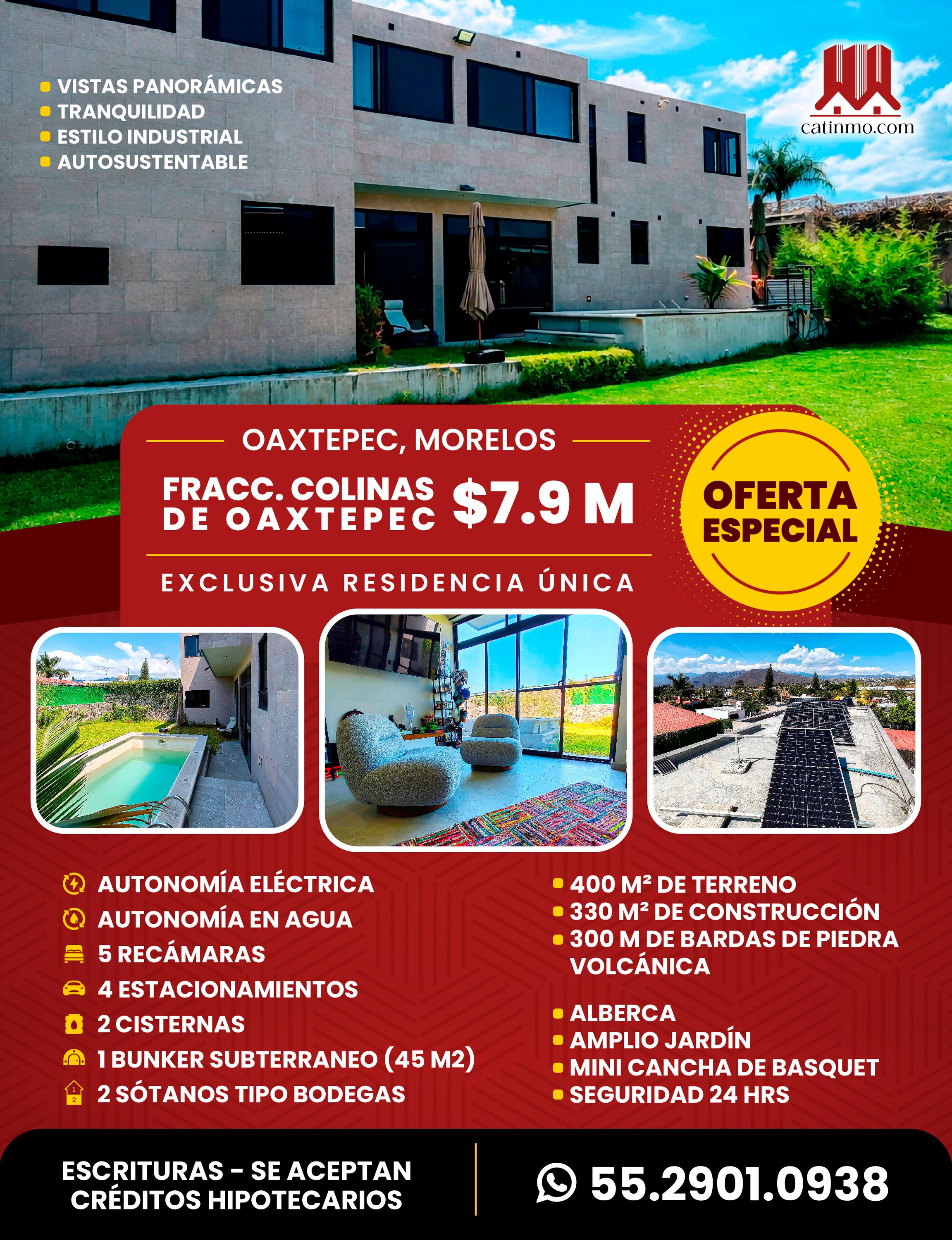 Oportunidad Unica Residencia Autosustentable
Residencia Autosustentable con 2 años de antigüedad estilo moderno industrial.
- Autonomia eléctrica (sistema cfe o autónomo sin cfe)
- Equipo generador de agua a partir del aire 200 lts al día.
400 M2 de Terreno
330 M2 de construcción
300 m de bardas de piedra
Medidas aproximadas
5 habitaciones grandes con closets
1 bunker de seguridad de 45 m2
2 sotanos tipo bodegas
3 baños completos
4 estacionamientos
2 cisternas
Mini Cancha de basquet
Amplio jardin
Alberca chukum tipo jacuzzi
Cocina integral premium
Cuarto de lavado
Cuarto de maquinas
Sistema de ahorro de agua en regaderas
Sistema de biodigestion de desechos y regado subterráneo de jardín.
Fraccionamiento con seguridad 24 hrs
Tranquilidad y vistas panorámicas
Ubicada en Oaxtepec, Morelos.
$7.9 mill super precio
Citas de preferencia con 24 hrs de antelación
Se aceptan créditos hipotecarios.
5529010938