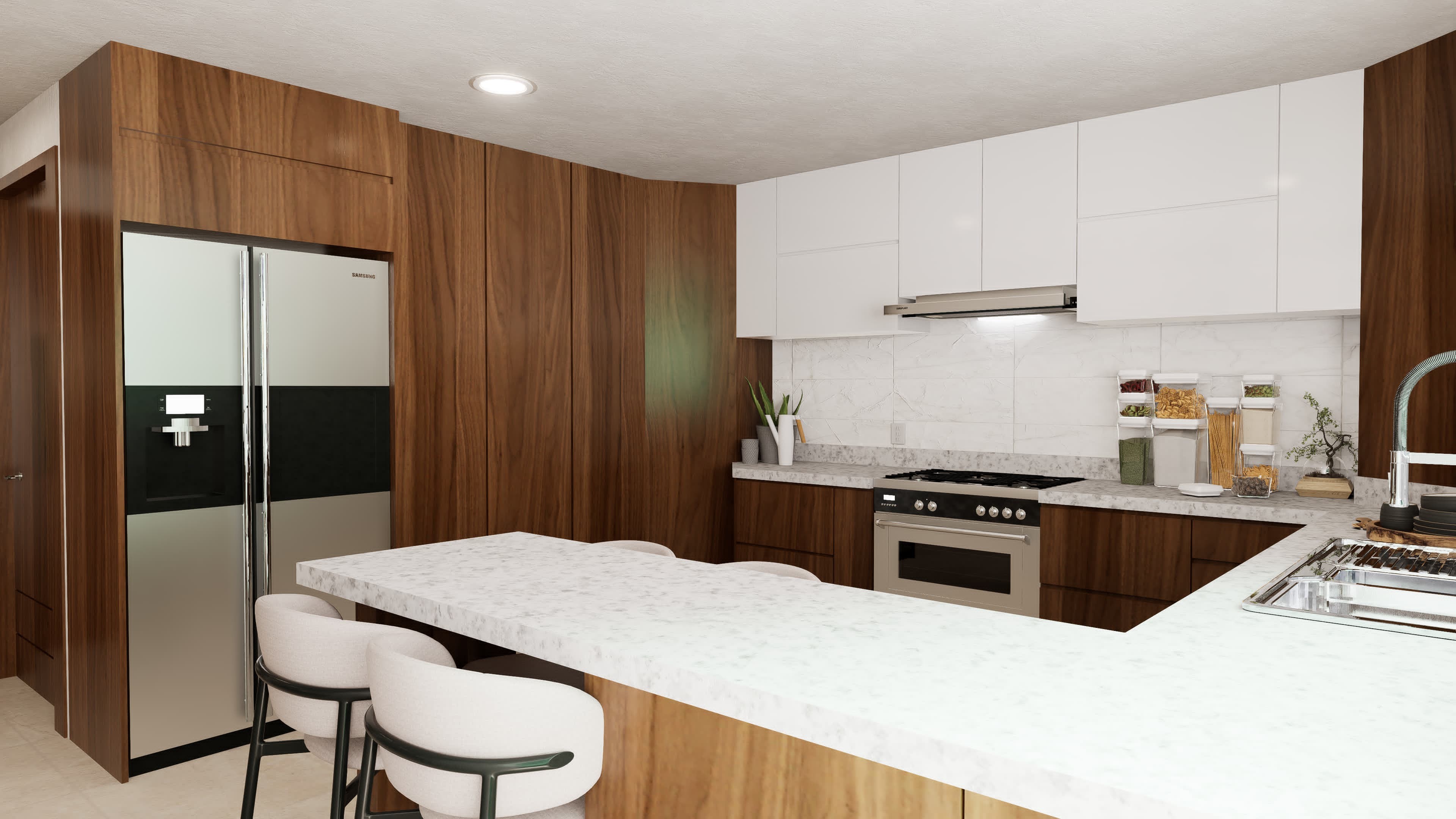 Sala y Comedor con detalle en madera de caoba y cedro, Cancel divisorio de madera, entre cocina y comedor, Cocina integral muy amplia, estufa, instalación para, lavavajillas y refrigerador con isleta, Estacionamiento techado para 3 camionetas grandes, Cuarto de lavado, Bodega, 1/2 baño, Recámara Principal con barandales de cristal, Terraza para la recámara Principal y con acceso del vestíbulo de planta alta.Baño principal y Vestidor, 2 recamaras mas (Ver Fotos)