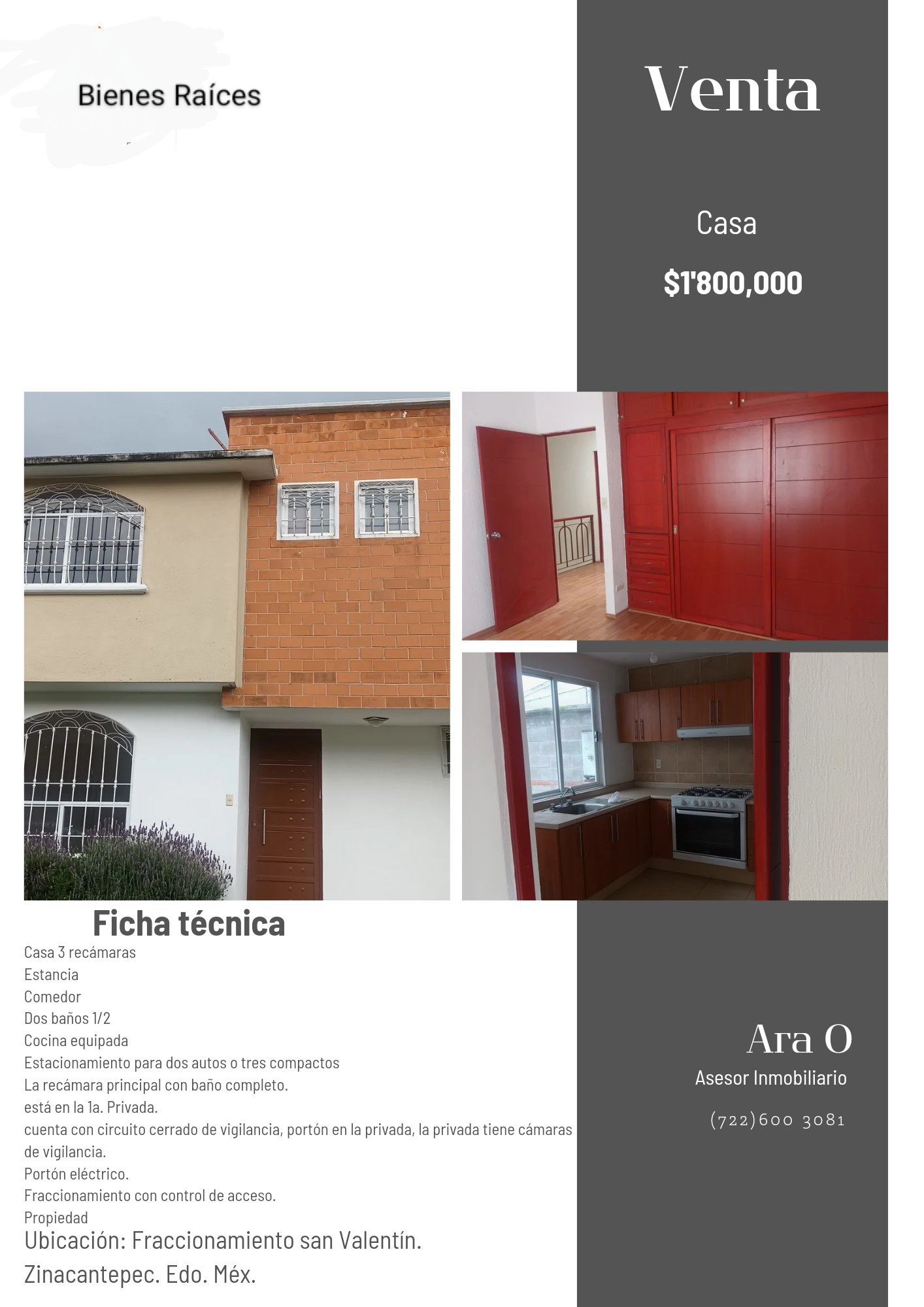Casa en excelente estado, nunca a sido habitada, en fraccionamiento con acceso controlado, caseta de vigilancia más portón eléctrico en la privada donde se localiza la casa, circuito cerrado, casa con estacionamiento para dos autos, PLANTA BAJA: estancia, comedor, cocina integral, patio de servicio, baño de visitas. PLANTA ALTA: Recámara principal con baño completo y clóset, dos recámaras con clóset, baño completo. ECOHOME. Gas estacionario. 📱722 600 3081