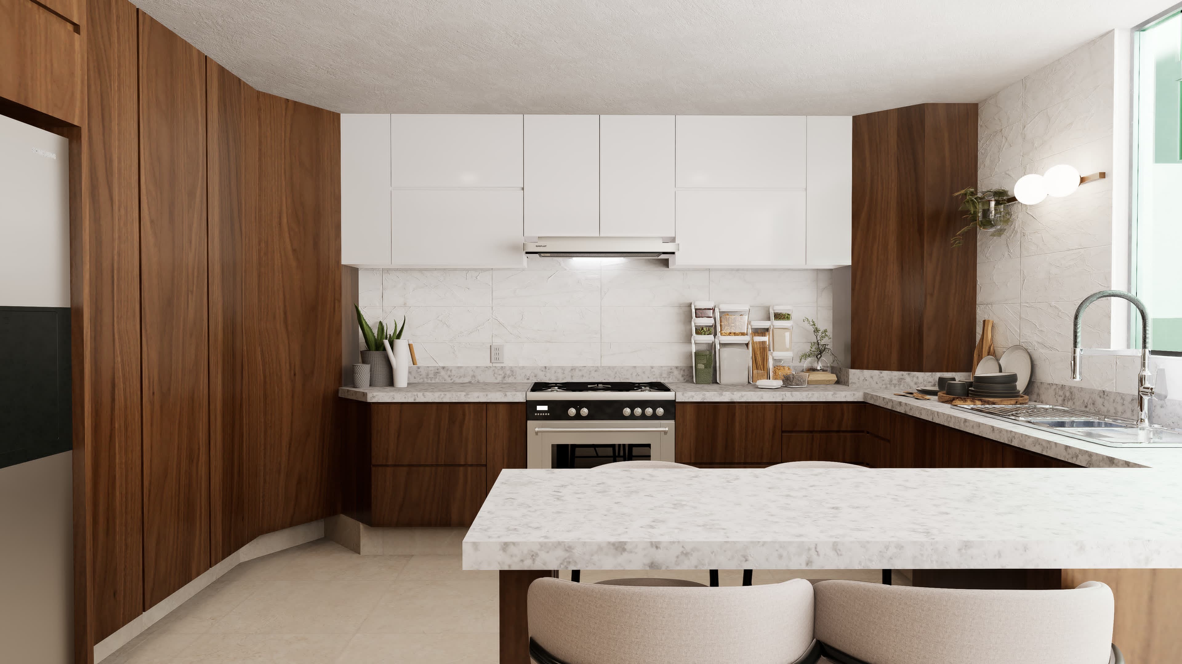 Sala y Comedor con detalle en madera de caoba y cedro, Cancel divisorio de madera, entre cocina y comedor, Cocina integral muy amplia, estufa, instalación para, lavavajillas y refrigerador con isleta, Estacionamiento techado para 3 camionetas grandes, Cuarto de lavado, Bodega, 1/2 baño, Recámara Principal con barandales de cristal, Terraza para la recámara Principal y con acceso del vestíbulo de planta alta.Baño principal y Vestidor, 2 recamaras mas (Ver Fotos)